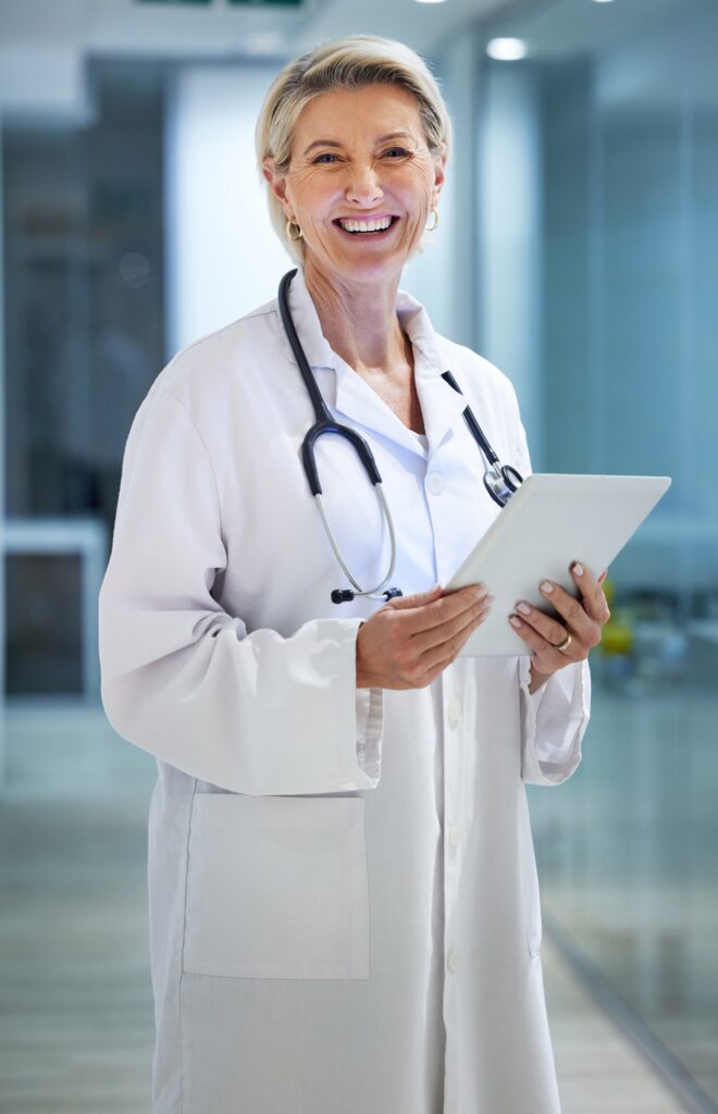 Healthcare, tablet and portrait of senior doctor in hospital for wellness, medical care and support